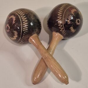 HANDCRAFTED HANDPAINTED Vintage Coconut Maracas Folk Musical Decor Floral Retro